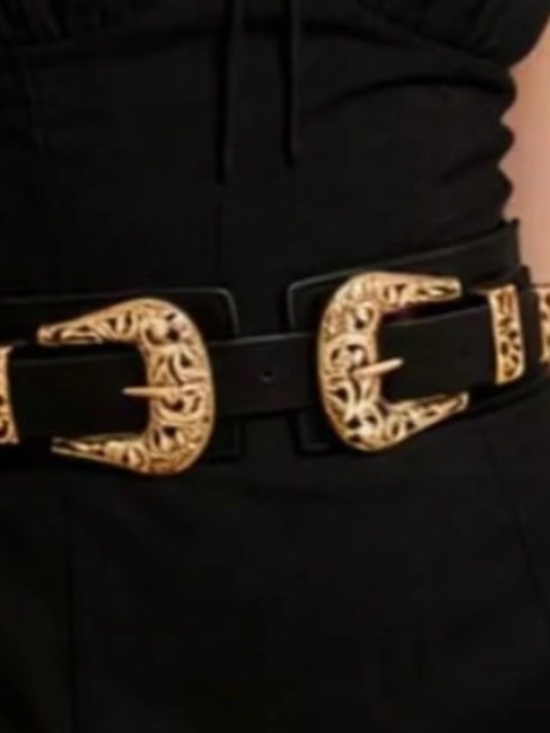 Western Vegan Leather Gold Tone Double Buckle Stretchy Wide Belt main image 4